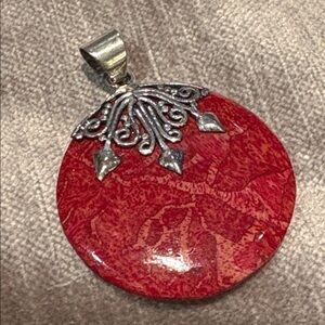 Red Coral Scroll Pendant 925 Sterling Silver Design NWOTS